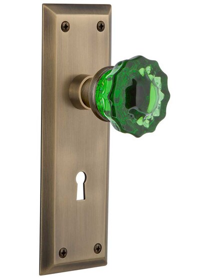 New York Door Set with Keyhole and Colored Fluted Crystal Glass Knobs Emerald in Antique Brass.